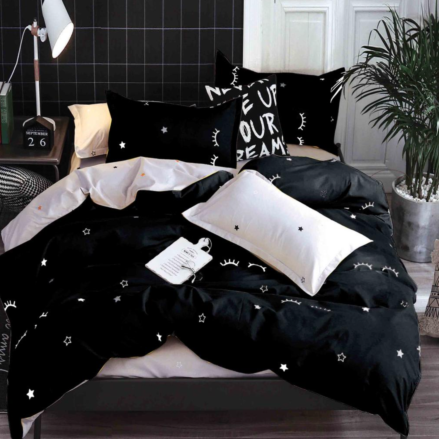 Lenjerie de pat bumbac satinat 4 piese Neagra Modern