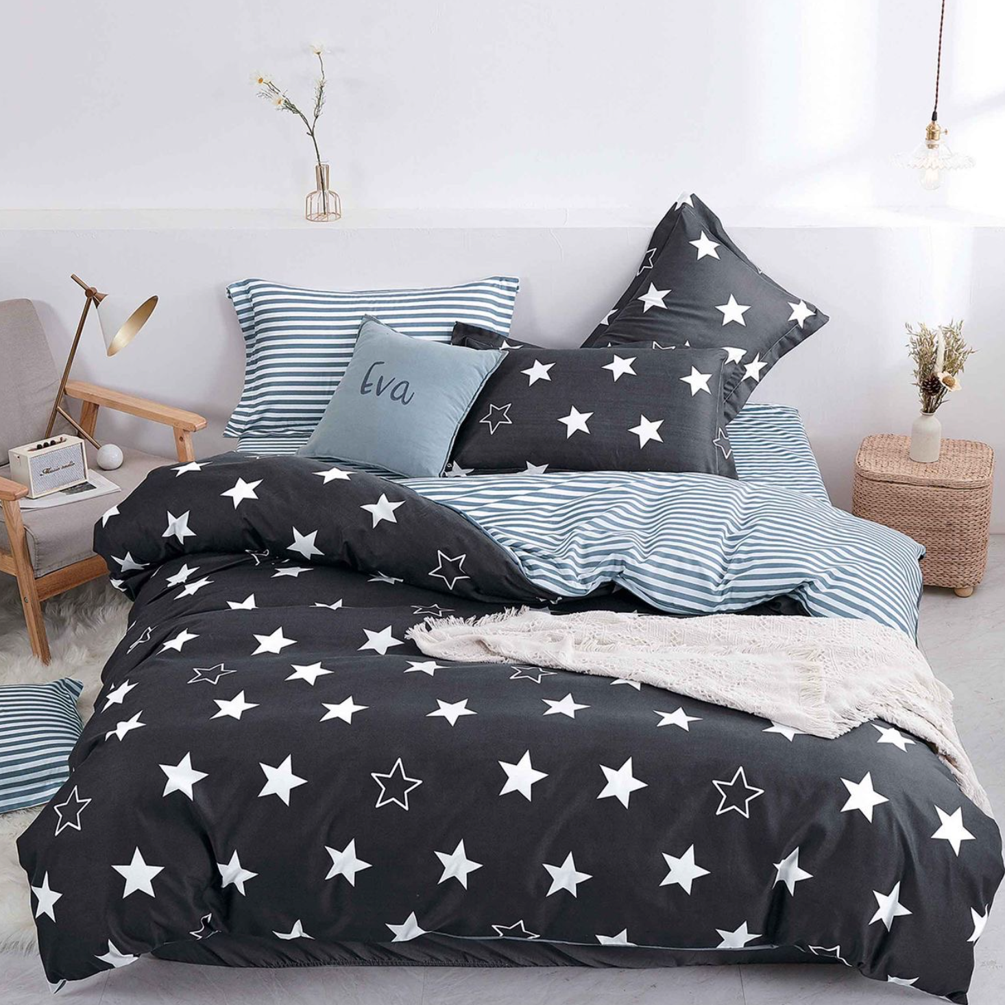 Lenjerie de pat bumbac satinat 4 piese Neagra Alba Stele