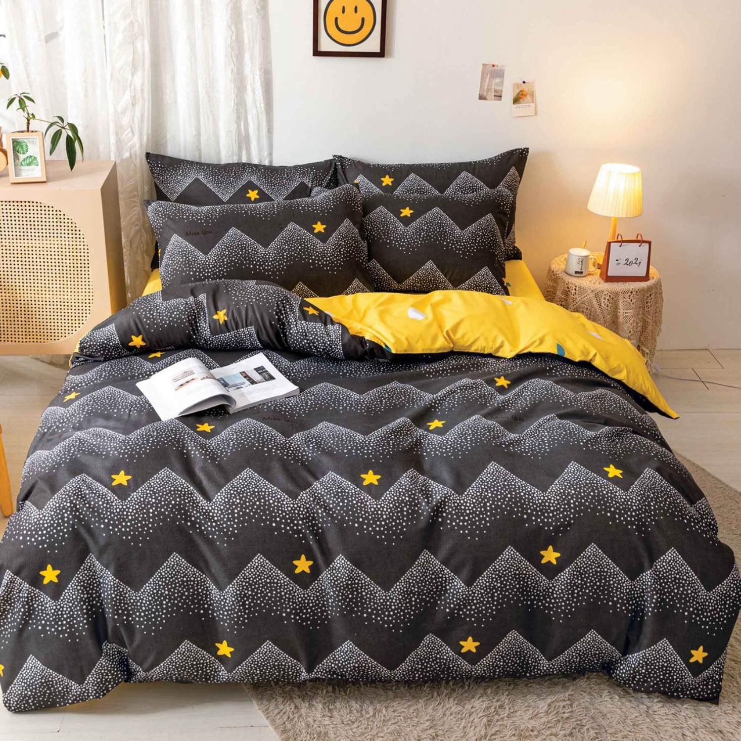 Lenjerie de pat bumbac satinat 4 piese Neagra Galben Modern