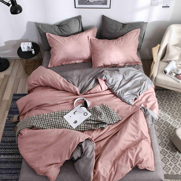 Lenjerie de pat 2 Persoane din bumbac satinat cu 4 piese Gri Roz Modern