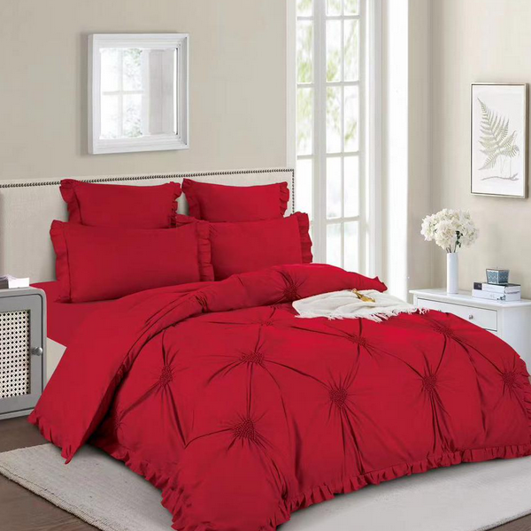 Lenjerie de pat 2 Persoane din bumbac brodat cu elastic cu 6 piese Rosie cu Inimi