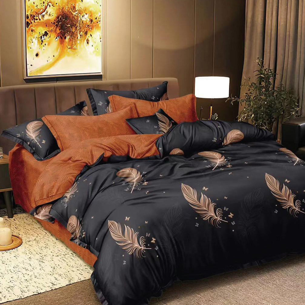 Lenjerie de pat 2 Persoane din bumbac satinat cu 4 piese Neagra cu Pene