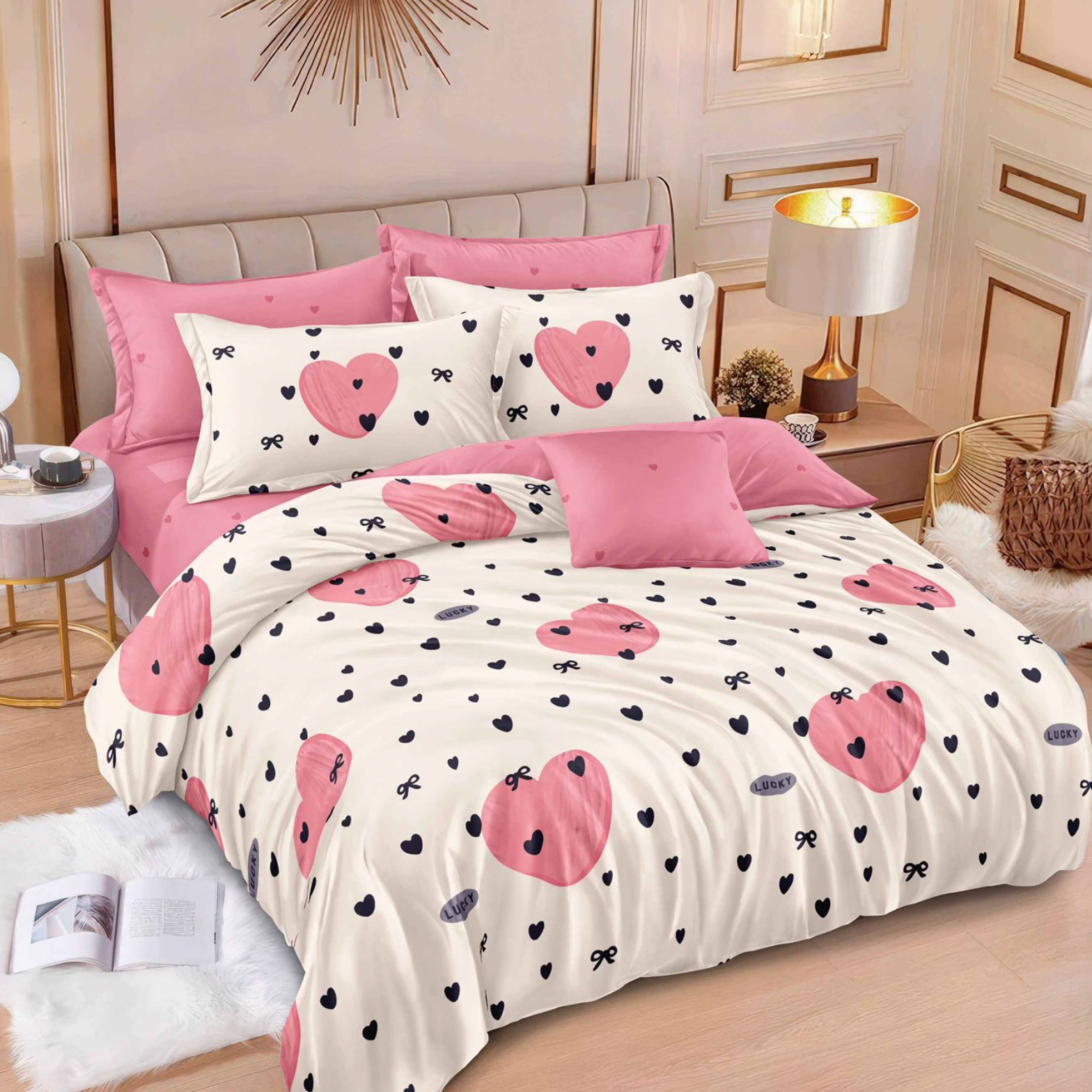Lenjerie de pat 2 Persoane bumbac finet 6 piese Roz Crem Inimi
