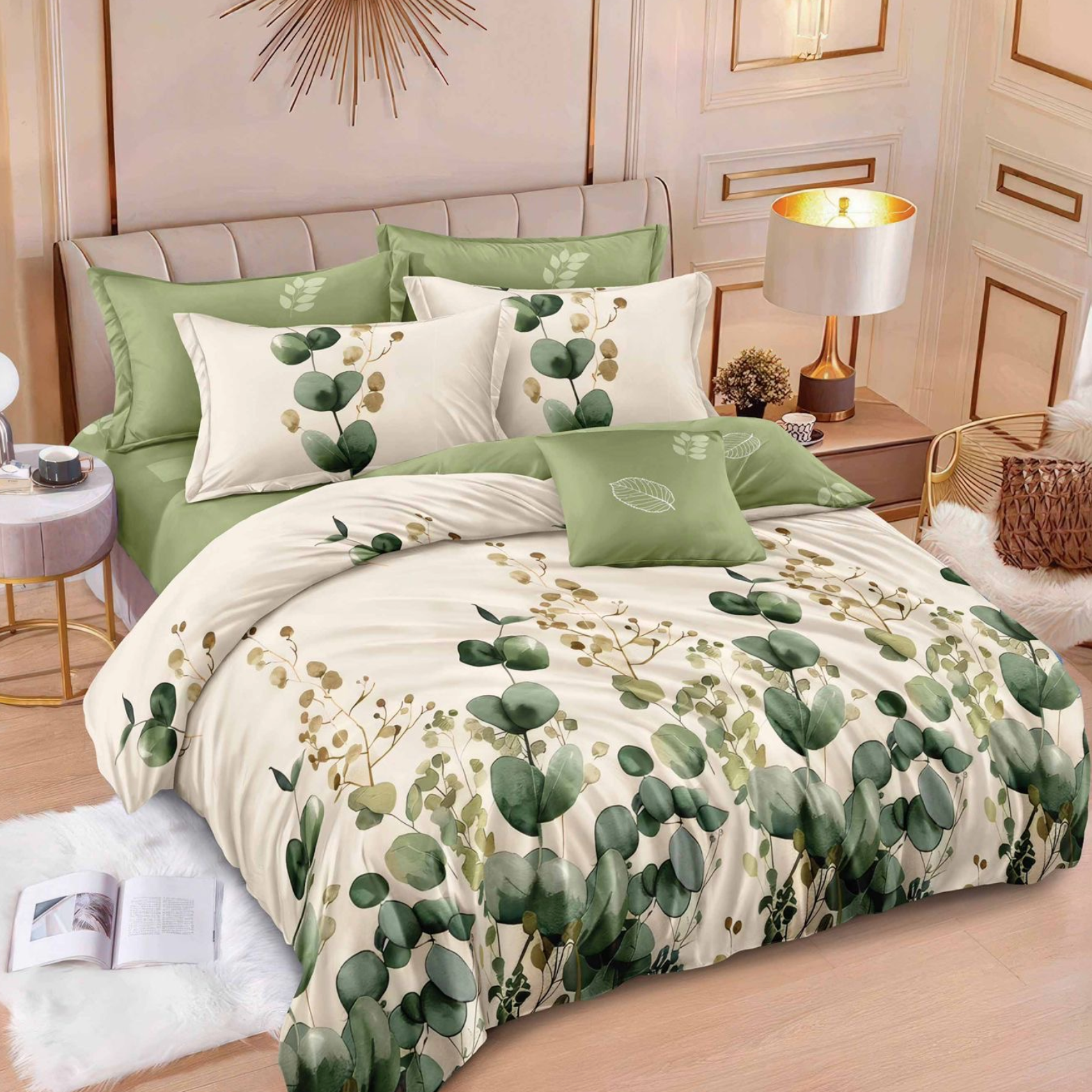 Lenjerie de pat 2 Persoane bumbac finet 6 piese Verde Flori