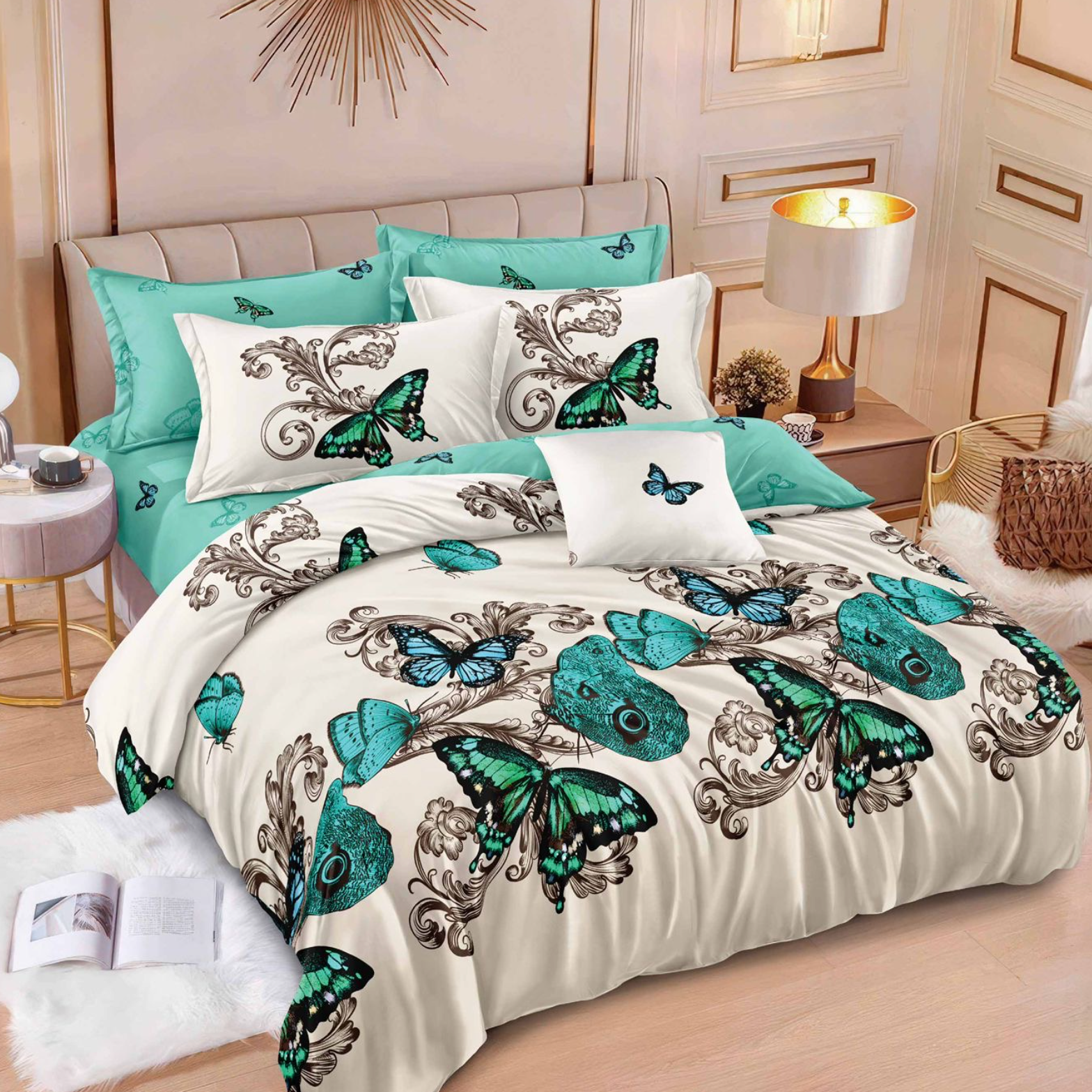 Lenjerie de pat 2 Persoane bumbac finet 6 piese Multicolor Fluturi