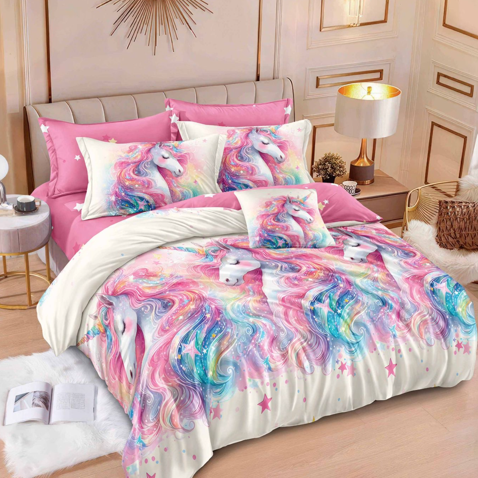 Lenjerie de pat 2 Persoane bumbac finet 6 piese Roz Unicorn